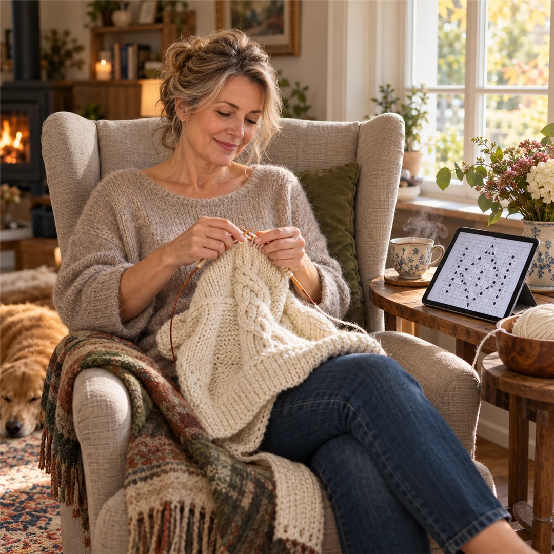 Strickerin im gemütlichen Wohnzimmer
