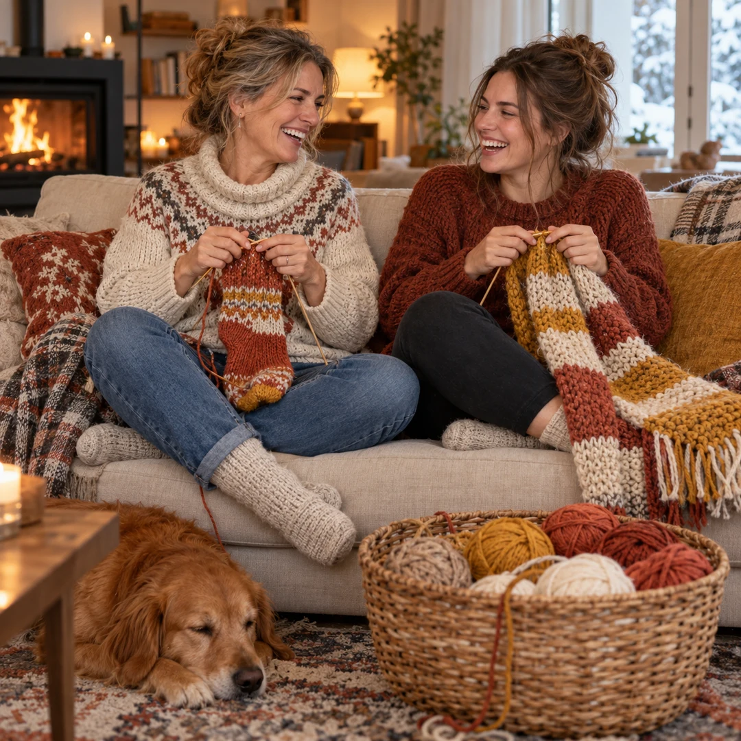 Gemeinsames Stricken in der Familie