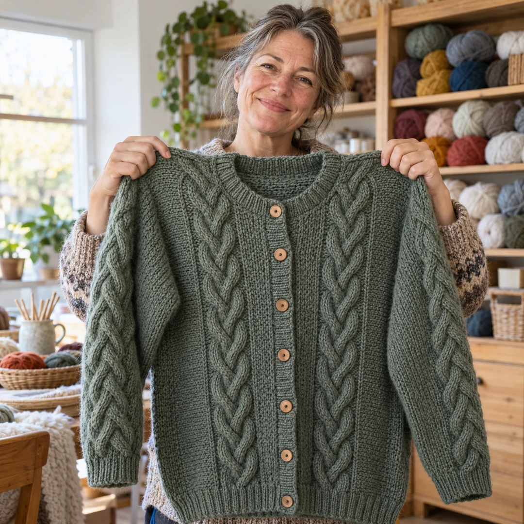 Stolze Fertigstellung eines Zopfmuster-Cardigans